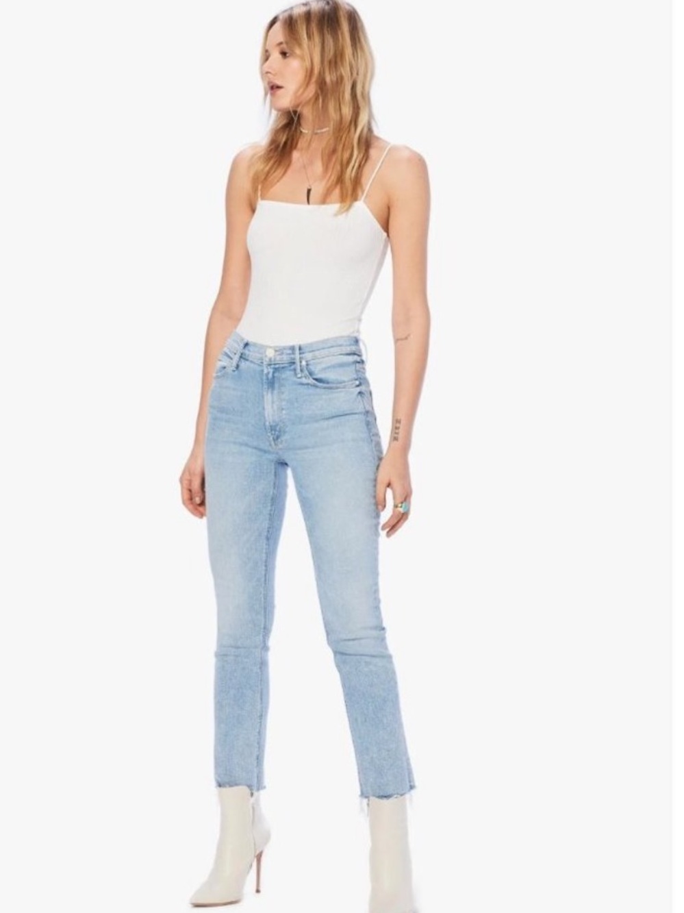 Women’s New Mother Mid Rise Dazzler Ankle Fray Wash Reading By The Pool Jeans